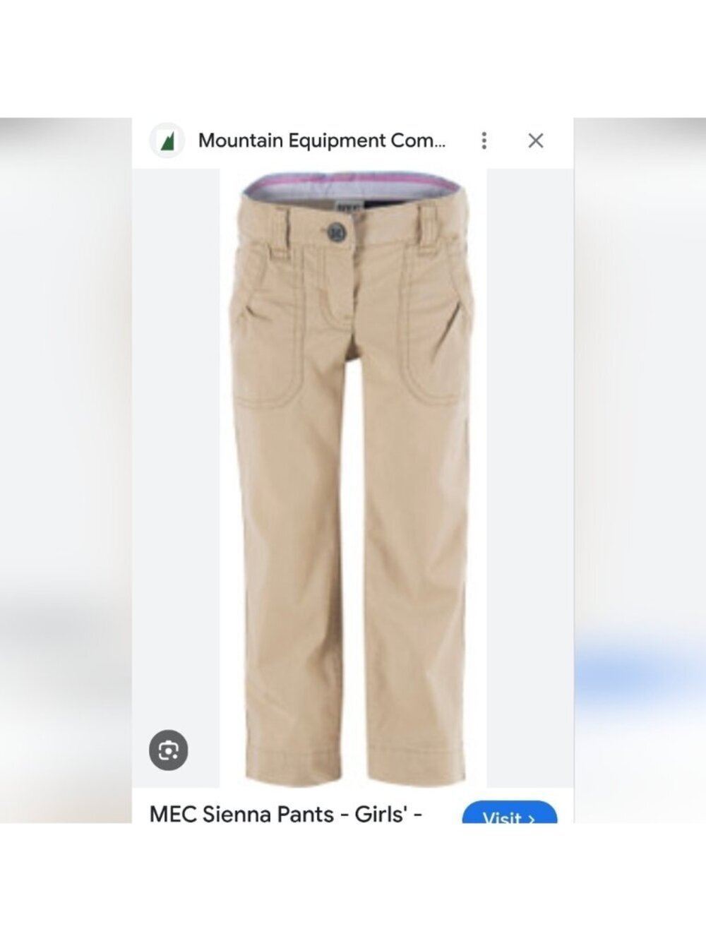 MEC Sienna Cotton Pants Tan Girls Size 10 Adjustable Waist